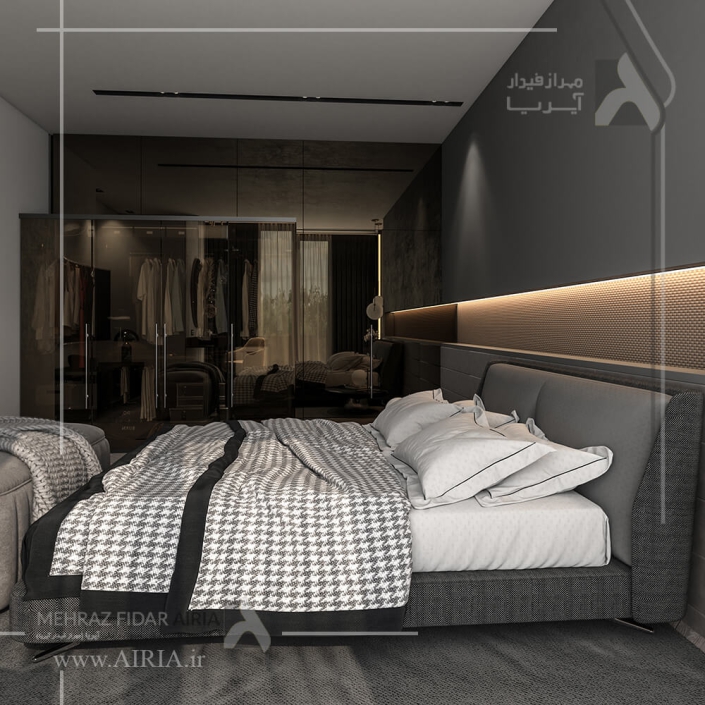 تصویر تخت خواب، کمد دیواری و ورودی سرویس بهداشتی مستر در طراحی دکوراسیون داخلی اتاق خواب مستر