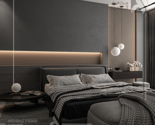 تصویر مستقیم از تخت خواب و دیواره پشت تخت خواب در طراحی دکوراسیون داخلی اتاق خواب مستر
