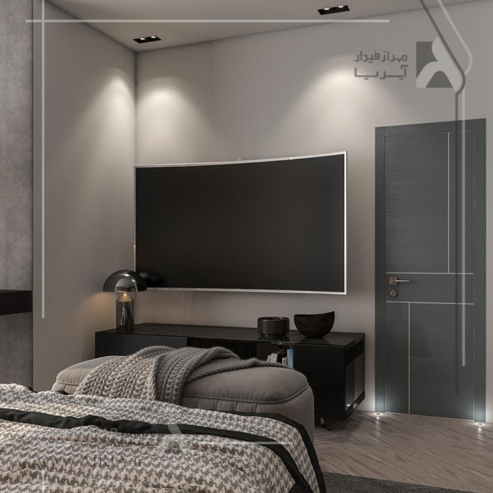 تصویر ورودی اتاق خواب مستر و تلویزیون اتاق خواب مستر در طراحی دکوراسیون داخلی اتاق خواب مستر