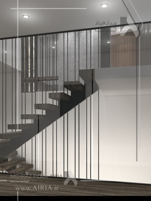 تصویر از راهپله فضای ورودی ساختمان در طبقه اتاقها در طراحی داخلی ورودی ویلا محلی لواسان