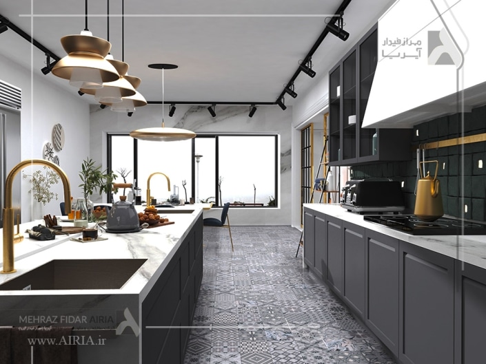 تصویر بخش شمالی آشپزخانه در طراحی دکوراسیون داخلی ویلای دوبلکس در رویان