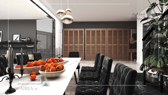 تصویر ورودی ویلا از کنار میز غذاخوری در طراحی دکوراسیون داخلی ویلای دوبلکس در رویان