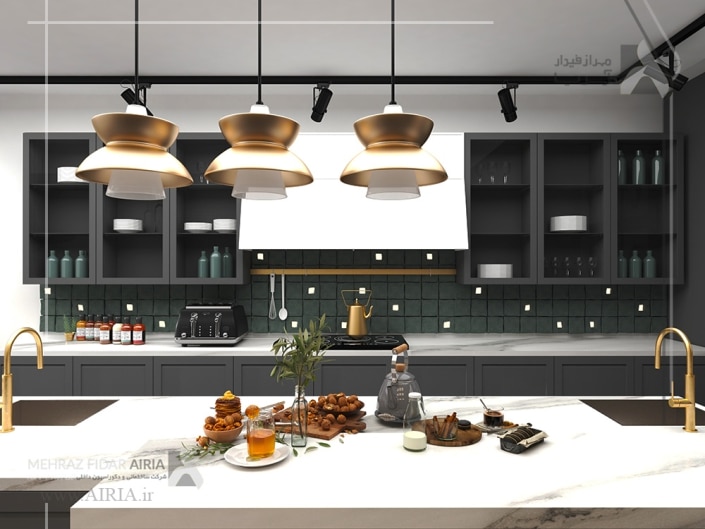 تصویر کناری از آشپزخانه در طراحی دکوراسیون داخلی ویلای دوبلکس در رویان