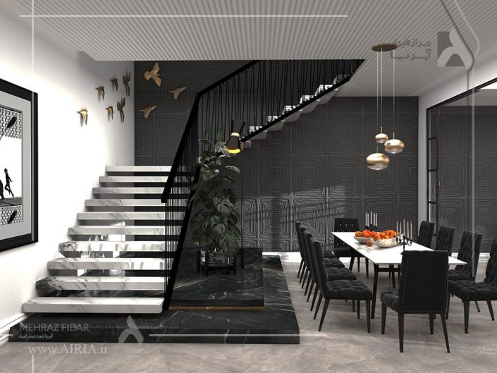 راهپله و میز غذاخوری در طراحی داخلی ویلای دوبلکس در رویان
