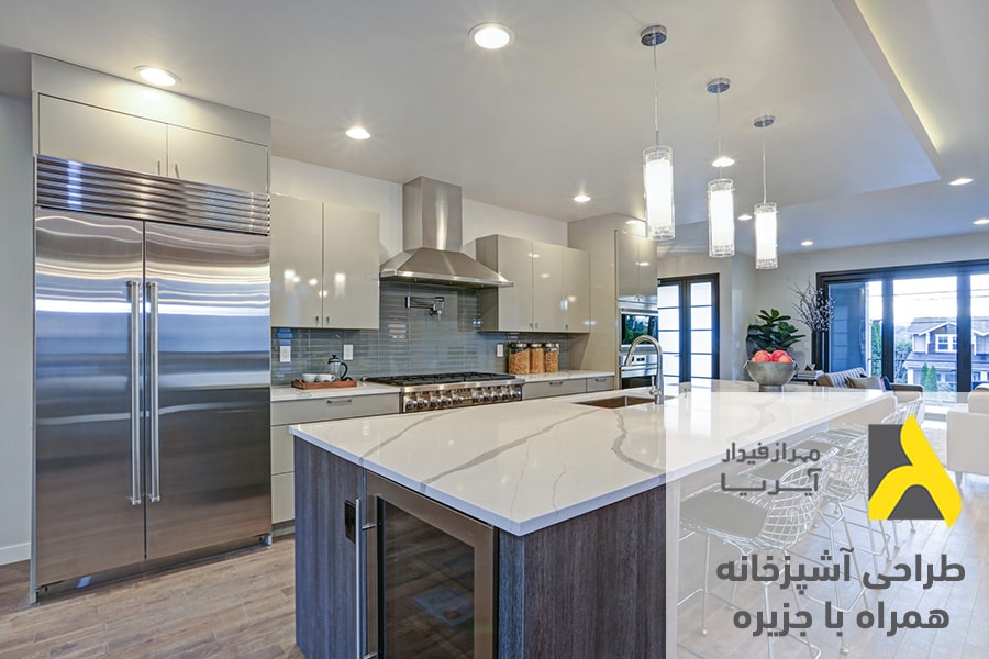 طراحی آشپزخانه همراه با جزیره براساس استانداردها و اصول طراحی آشپزخانه